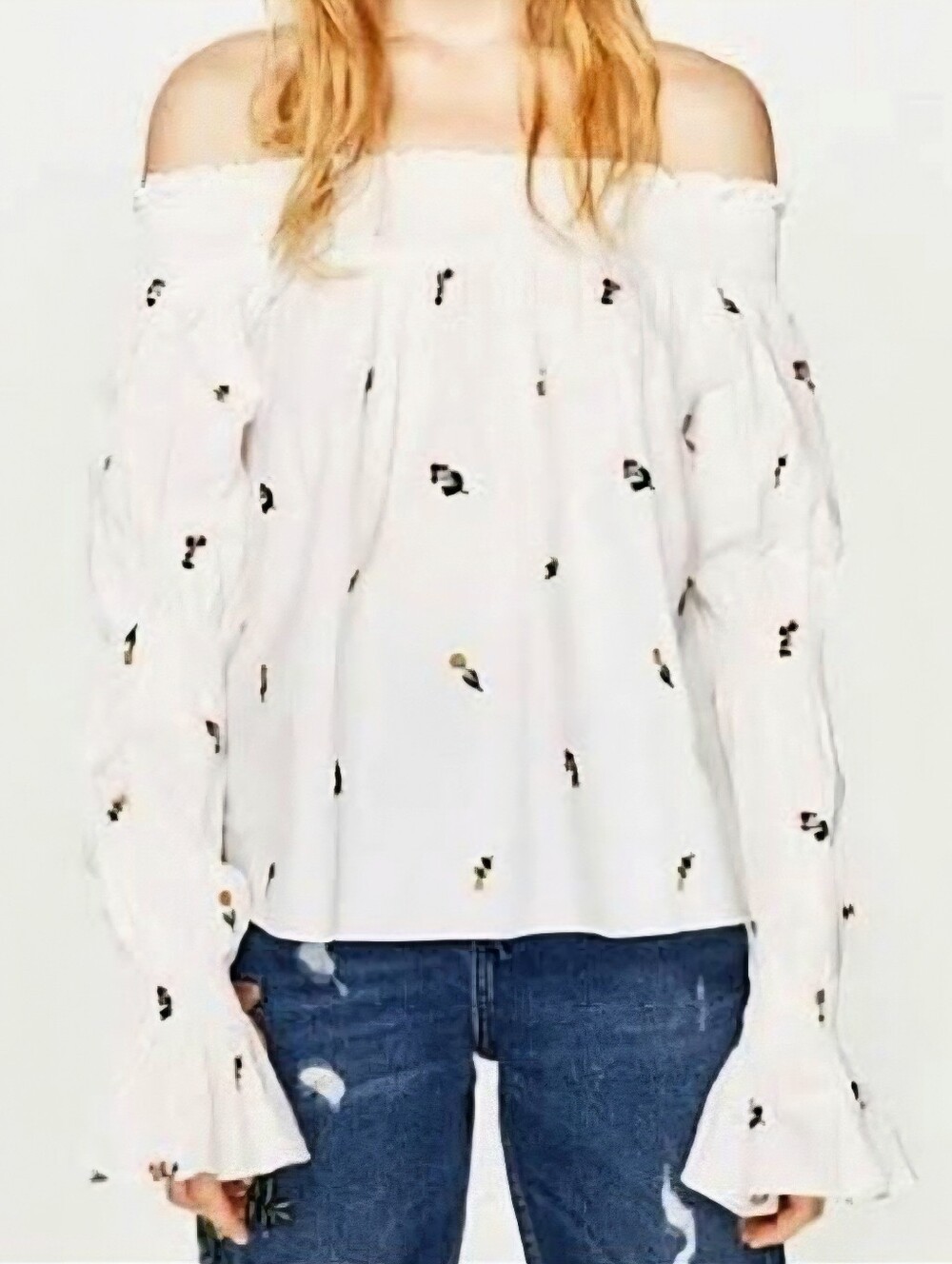 Zara Trafaluc Boho Off Shoulder Top White Floral Cottagecore Smocked - Picture 2 of 8